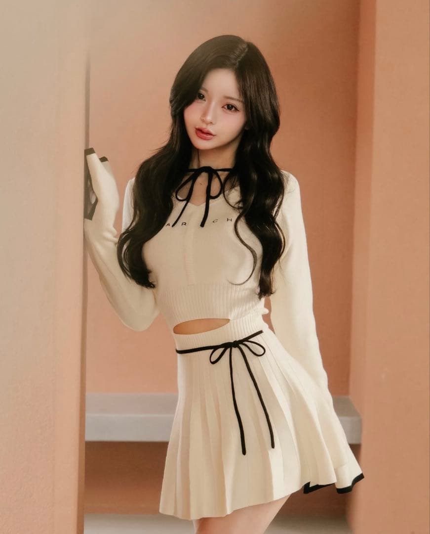 Darich ウエストオープンリボンデザインニットミニワンピース