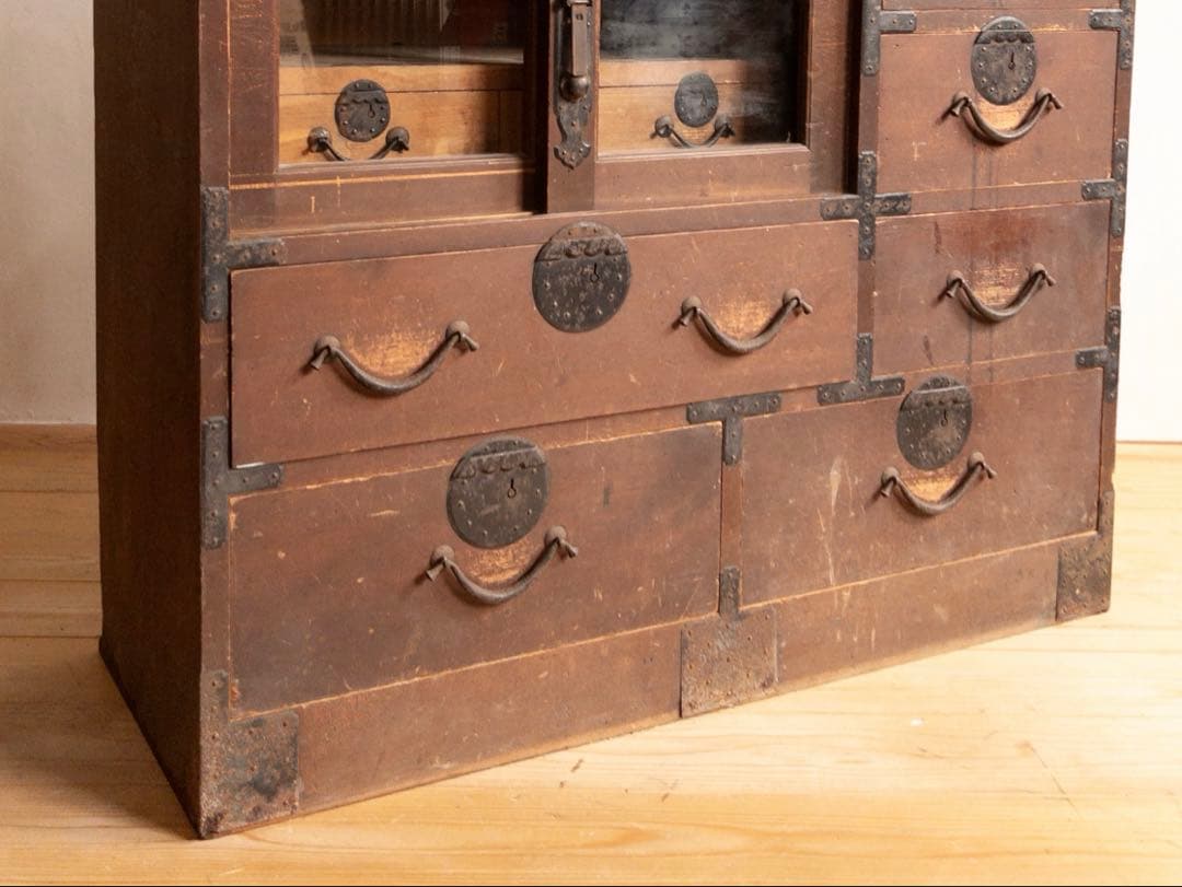 ガラス棚　和箪笥　M065　古道具　古家具　和家具　ビンテージ　アンティーク