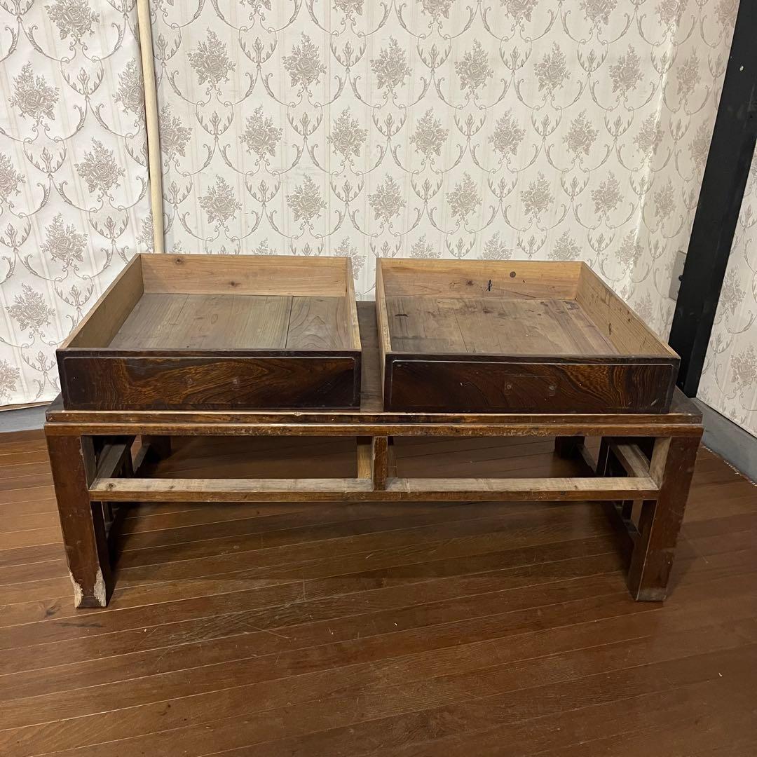 【アンティーク】木製 無垢材 文机 座卓 書斎机 2杯引出し 古家具 古民家